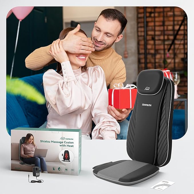Snailax Gifts for Mom Dad Shiatsu Back Massager with Heat &amp Vibration 3D Kneading Massage Chair Pad for Pain Relief Deep Tissue Chair Massager for Office Home Chair Use