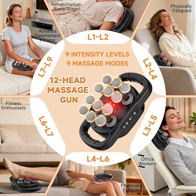 12 Head Massage Gun Deep Tissue Muscle MassagerCordless Electric Percussion Massage Tool with 9 Levels 9 Modes for Back/Neck/Shoulder/Hand/Leg/Foot Full Body Muscle Pain ReliefOffice Home Gym Use