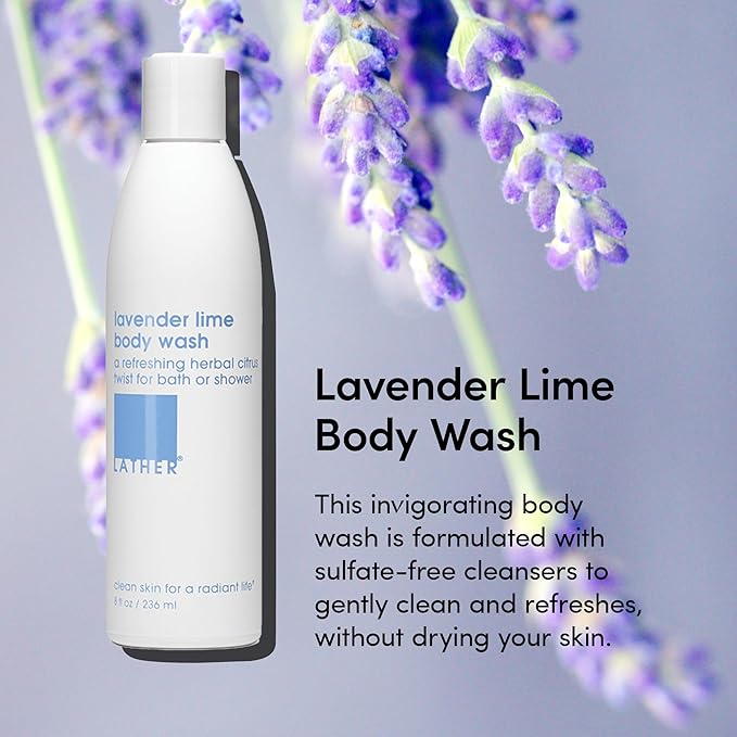 LATHER - Lavender Lime Natural Body Wash 8 fl oz - Shower Gel Cleanser - Gentle Body Soap - Essential Oils - Chamomile Ginseng Rosemary - All Skin Types Vegan Cruelty Free - Beauty &amp Skincare