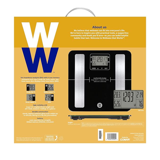 Weight Watchers Scales by Conair BathroomScale for Body WeightGlass Digital Scale with Body Analysis Measures Body Fat Body WaterBMI &amp Bone Mass for 4 Users Measures Weight up to 400 Lbs.in B