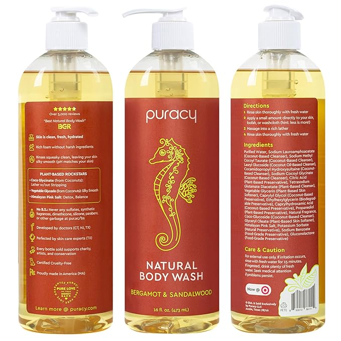 Puracy Body Wash Natural Body Wash 98.6% Pure Plant Ingredients Moisturizing Shower Gel for Women Men Kids Body Soap for Dry Sensitive Skin Gently Scented with Bergamot &amp Sandalwood 16 Fl Oz