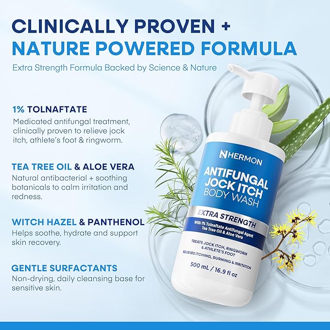 Hermon Antifungal Body Wash for Jock Itch: Tea Tree oil Body Wash for Jock Itch Ringworm Back Acne Athlete's Foot Tinea - Medicated Soap for Men and Women