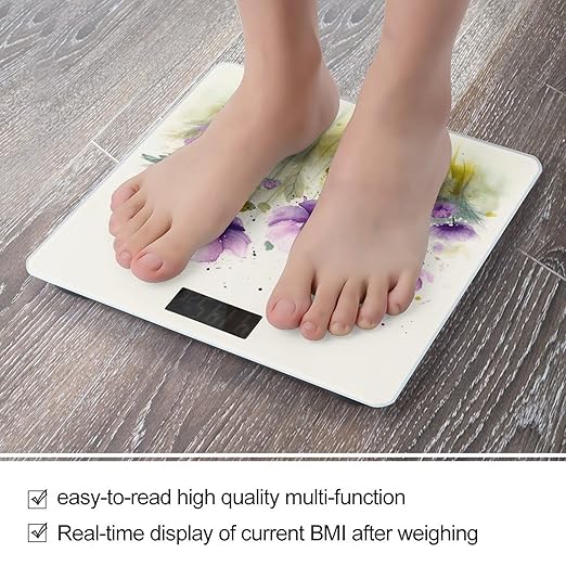 Watercolor Purple Flowers Digital Bathroom Scale for Body Weight with High Precision Digital Weighing Scale with BMI Clear LCD Display and Step-On Measures Weight Up to 180kg