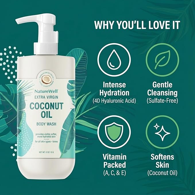 NATURE WELL Extra Virgin Coconut Oil Ultra-Moisturizing Body Wash Gentle &amp Creamy Formula Packed with Antioxidants Vitamins A C &amp E &amp Squalane Provides Gentle Cleansing &amp Intense