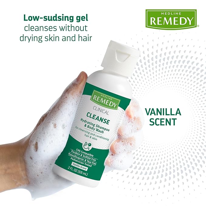 Medline Remedy Clinical Hydrating Shampoo &amp Body Wash (2 fl oz) 96 Count Vanilla Scent Cleanser No-Rinse Adults Kids Shower Or Bedside Dimethicone Sulfate Free