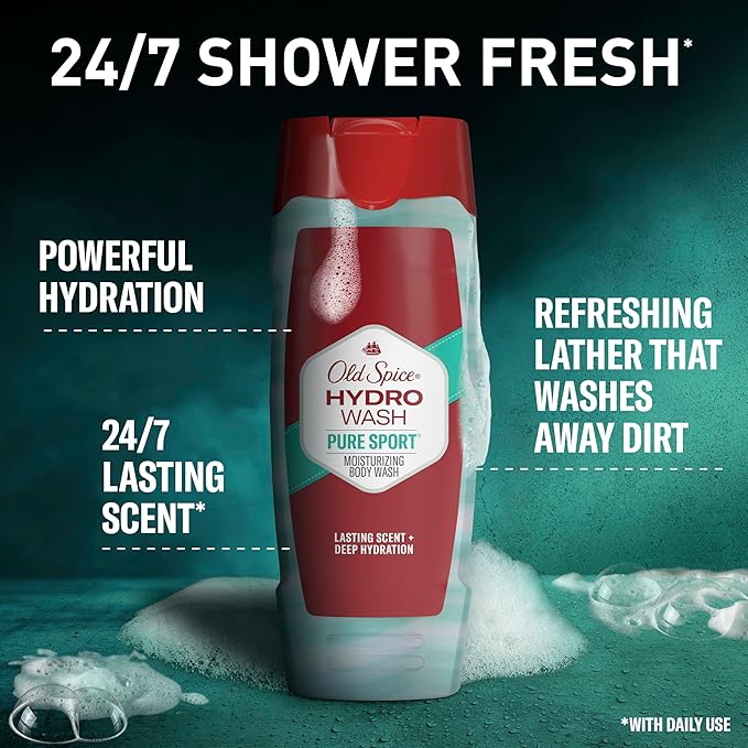 Old Spice Moisturizing Body Wash for Men Hydro Wash 2-in-1 Long Lasting Scent &amp Deep Hydration 24/7 Shower Fresh Pure Sport Scent 16 oz (Pack of 4)