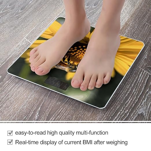 Yellow Flower with Black Bee Digital Bathroom Scale for Body Weight with High Precision Digital Weighing Scale with BMI Clear LCD Display and Step-On Measures Weight Up to 180kg