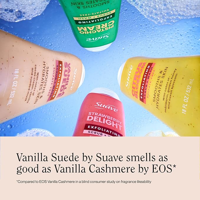 Suave Vanilla Suede Exfoliating Body Wash &amp Scrub with Glycerin &amp Vitamin E Sulfate-Free Hydrating Cleanser for Soft Smooth Skin 6 Count 18 FL OZ