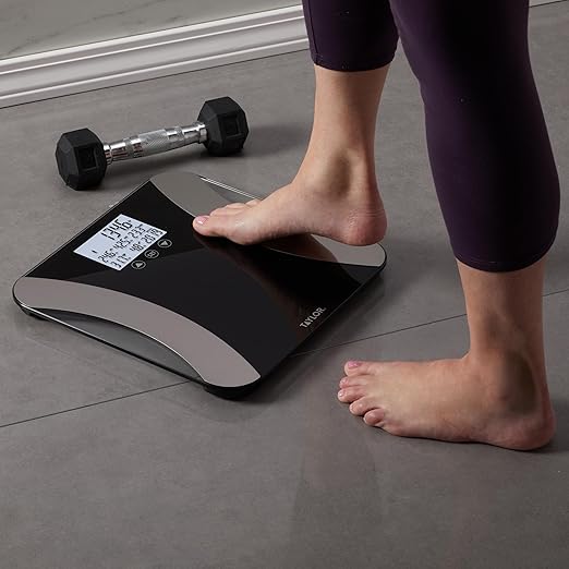 Taylor Digital Glass Body Composition Scale - Measures Body Fat Water Muscle Mass - Athlete Mode 8-User Recognition 500 lb Capacity Black