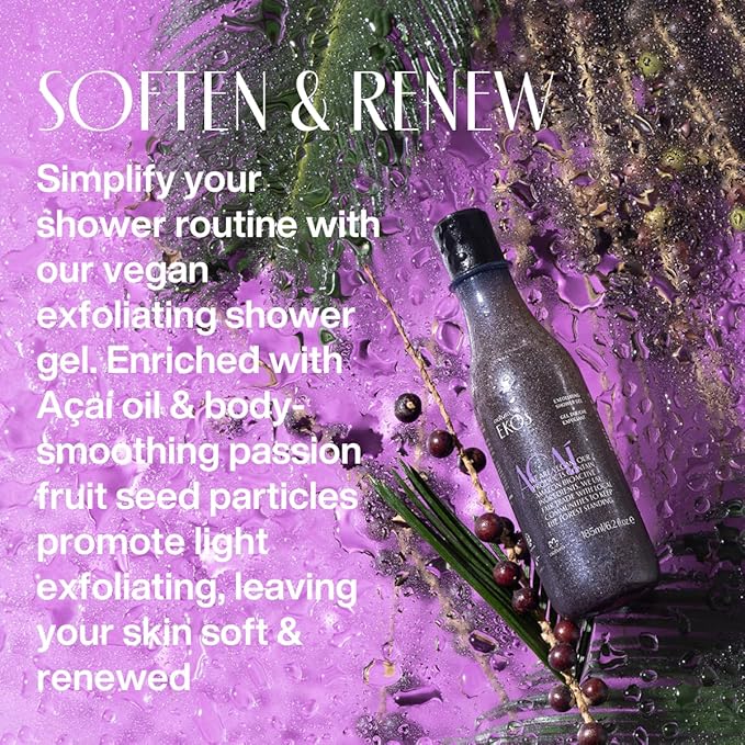 Natura - Ekos Açaí Revitalizing Exfoliating Shower Gel - Natural Exfoliants - Removes Impurities - Body Wash - Vegan Skin Care - Brazilian Beauty Secrets - Self Care &amp Body Care - 6.2 fl oz (185ml