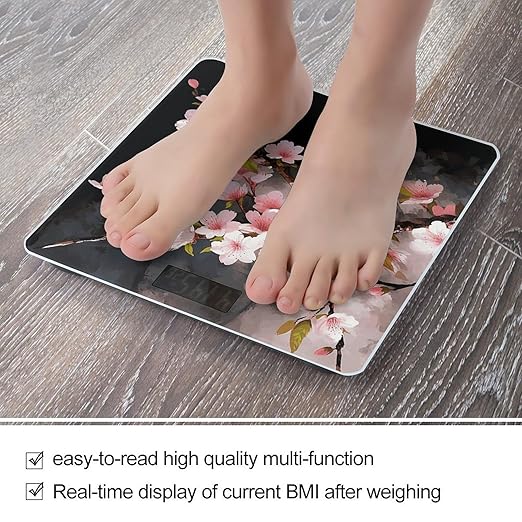Tempting Cherry Blossoms Bathroom Scale Automatic Power On/Off Body Scales LCD Backlight Display Square Digital Scale Rounded Corners Bathroom Scales for Home Bedrooms