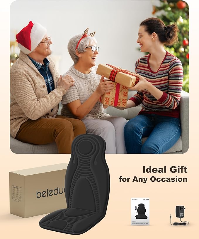 Beleduc Back Massager for Chair with Heat Massage Chair Pad for Pain Relief Massage Seat Cushion with 9 Vibration Motors 3 Heating Areas 30/60/90 Minute Timer Home Office Relaxation