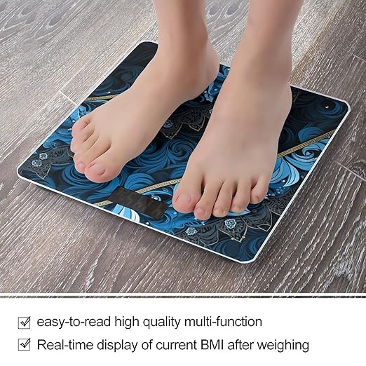 Blue and Black Pattern Scale for Body Weight Highly Accurate Digital Bathroom Scale Sturdy Tempered Glass Weighing Scales with LCD Display Fashion Body Fat Smart Scales 400lb