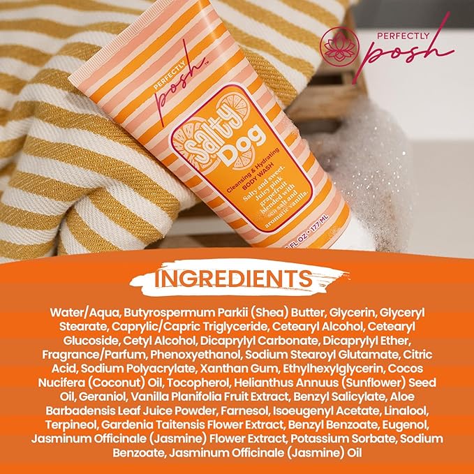 Perfectly Posh - Salty Dog Cleansing &amp Hydrating Body Wash - Aloe Cleanser with Hyaluronic Acid Botanical Extracts &amp Grapefruit Sea Salt Scent - 177ml