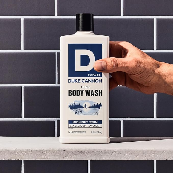Duke Cannon Midnight Swim Body Wash - Thick High Viscosity Men's Body Wash Exfoliating and Moisturizing Formula Sea Grass and Sandalwood Scents 17.5 oz (3 Pack)