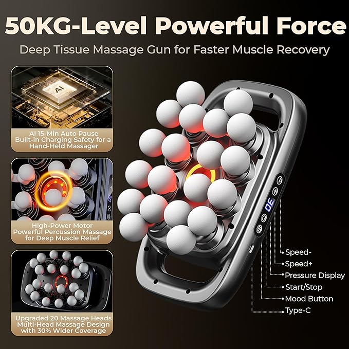 20-Head Massage Gun SetDeep Tissue Massage for Muscle Pain ReliefHigh-Power Electric Massager Gun with 3 Modes30 LevelsQuiet Handheld Body Massage Tool for BackLegsWaistArmsRecovery