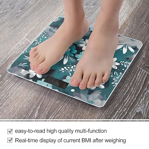 Teal Grey and White Floral Scale with LCD Precision Weighing Scales Sturdy Tempered Glass Weight Scales Easy-to-Read Anti-Slip Weight Digital Bathroom Scale for Daily