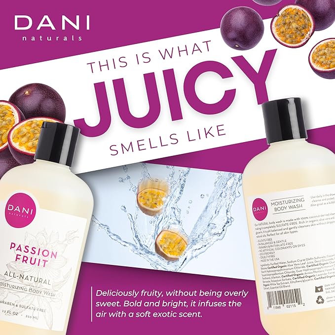 DANI Naturals Moisturizing Body Wash - Sweet Passion Fruit Scent with Organic Aloe Vera &amp Natural Glycerin - Sulfate &amp Paraben-Free Shower Gel - 12 oz - Vegan &amp Cruelty-Free
