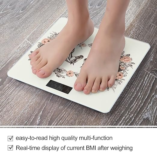 Flowers and Horses Hand Drawn Scale for Body Weight Highly Accurate Digital Bathroom Scale Sturdy Tempered Glass Weighing Scales with LCD Display Fashion Body Fat Smart Scales 400lb