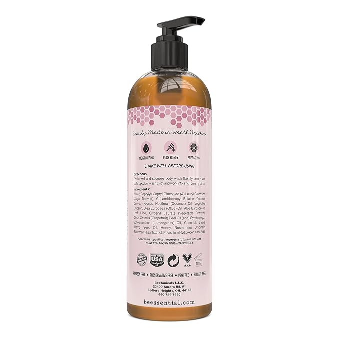 Beessential Natural Body Wash Grapefruit Sulfate-Free Bath and Shower Gel with Essential Oils for Men &amp Women 16 oz