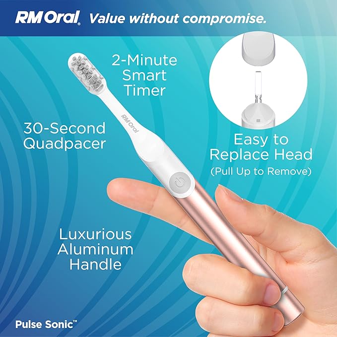 RM Oral Pulse Sonic Powered Toothbrush with 48000 Sonic Vibrations Metal Handle Soft Bristles Travel Case 2 Modes for Whitening &amp Plaque Removal 2-Minute Smart Timer Rose Gold