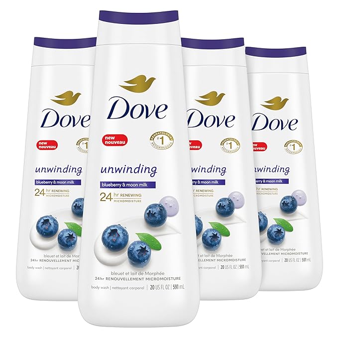 Dove Body Wash Unwinding Blueberry &amp Moon Milk 4 Count for Renewed Healthy Looking Skin Moisturizing Gentle Skin Cleanser with 24hr Renewing MicroMoisture 20 oz