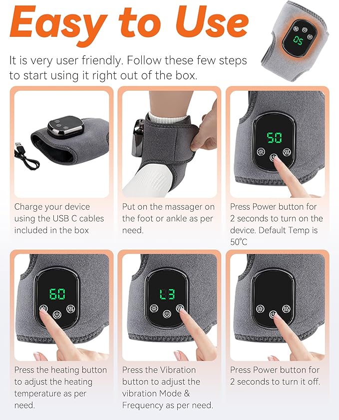 Triple Massager Device Massager for Neuropathy 3 in 1 Ankle Heat Wrap Wireless Portable with 3 Vibration Mode 5 Heat Leavel for Relax Feet (1PC)