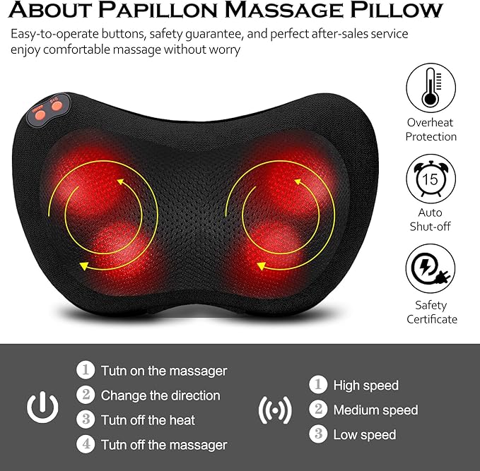 Papillon Back Massager with HeatShiatsu Neck Massager Pillow for BackNeckShoulderFoot &amp Lower Back Pain ReliefElectric Kneading Massager Gifts for Women/Men/Dad/Mom/Fathers Day/Mothers Day