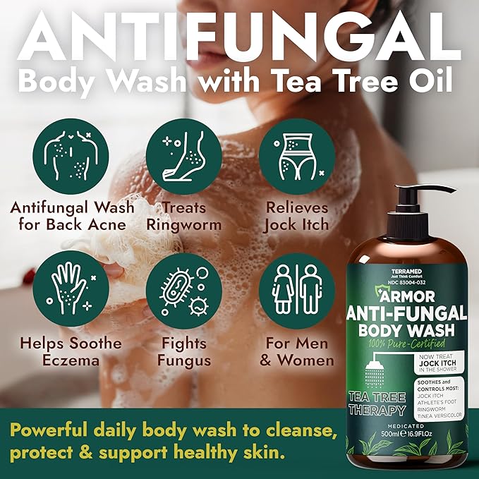 Antifungal Body Care Bundle – Tea Tree Oil Body Wash (16.9 oz) with Silicone Scrubber + Manuka Honey &amp Tea Tree Oil Cream (120ml) – Soothes Itchy Irritated Skin for Men &amp Women