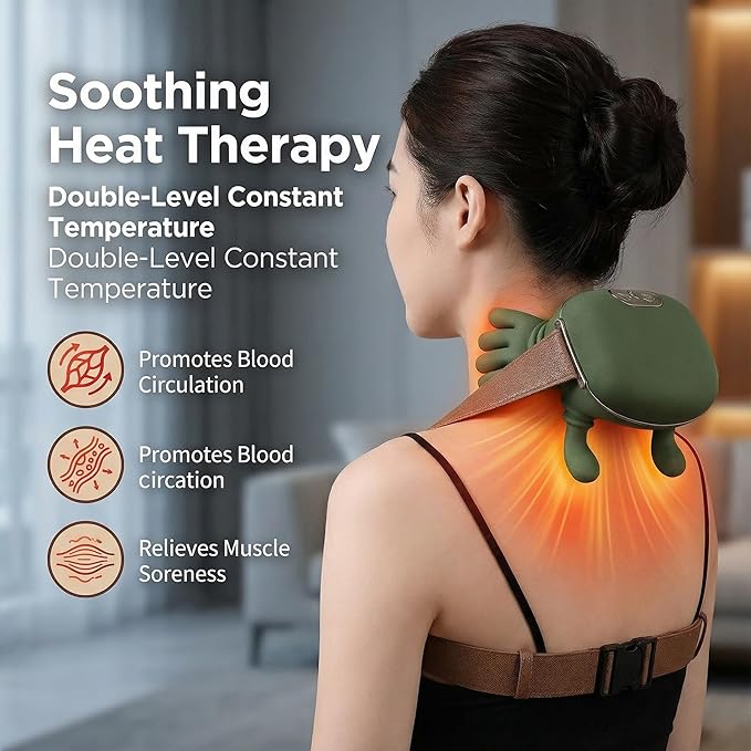 Heated Neck Massager Portable Shiatsu Neck and Back Massager Human Hand-Like Design Deep Massage Pain Relief Muscle Relaxation Electric Neck and Back Massager (Green)