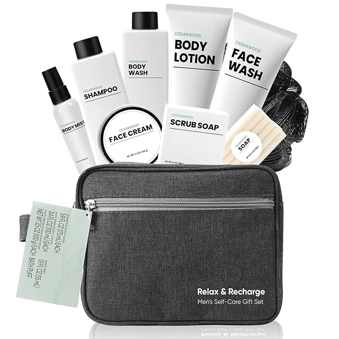 Gifts for Men 10Pcs Body Wash Seyts with Toiletry Bag Cedar Scents Brithday Gift Baskets for Men Christmas Fathers Day Gifts