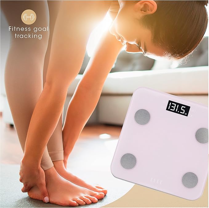 ELLE Digital Body Analysis Scale with BMI Body Fat Hydration Muscle Mass Bone Mass Calories and Weight Tracking Purple LCD Display Tempered Glass 400 lbs Capacity