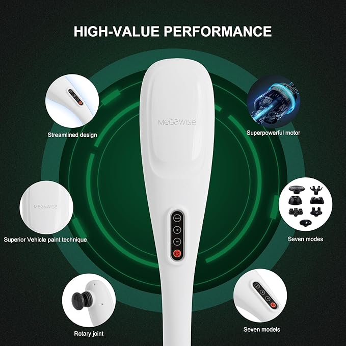 MEGAWISE Cordless Handheld Back Massager w/Rechargeable 3200mAh Battery 5 Speed and 5 +2 Massage Nodes with Hard Medium and 2 Soft Silicone Nodes Massage While Moving Around (Pearl White)