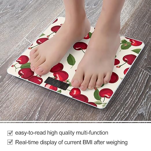 Red Cherry Pattern Bathroom Scale Large LCD Backlight Display Digital Scale Rounded Corners Body Scales Automatic Power On/Off Bathroom Scales for Home Bedrooms