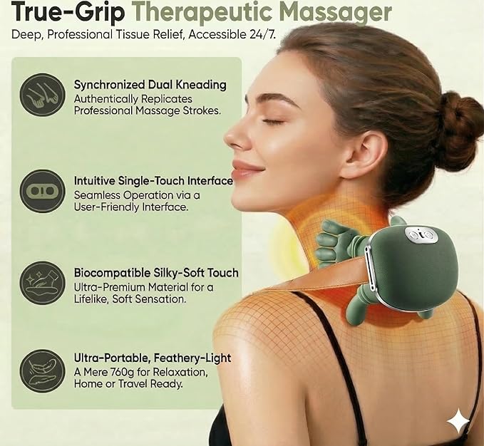 Bionic Neck and Back Massager 2-Level Heated Shiatsu Massager 4D Deep Tissue Kneading MassageSimulated Hand Massage for Pain &amp Muscle Relief (Green)