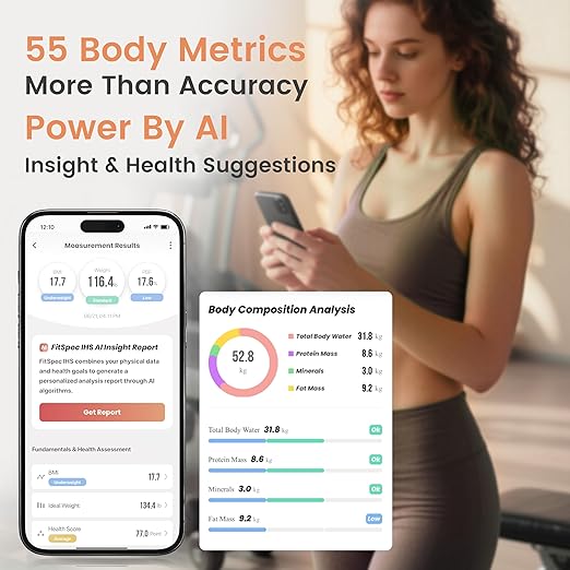 Wonder Core FitSpec - Smart Scale with AI Analysis 55 Metrics Body Composition for Body Fat BMI Muscle Mass 8 Electrodes Digital Bathroom Scale for Body Weight Color TFT LCD