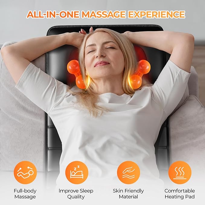Shiatsu Full Body Massage Mat with Heat Detachable Massager Pad 10 Vibrating Motors 9 Intensity Levels Deep Tissue Pain Relief for Back Neck &amp Legs – Relaxation at Home or Office