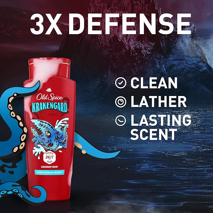 Old Spice Cleansing Body Wash for Men 3X Defense 24/7 Shower Fresh with Lasting Scent 2-in-1 Body &amp Face Wash Krakengard with Deep Ocean Scent 24 oz (Pack of 4)