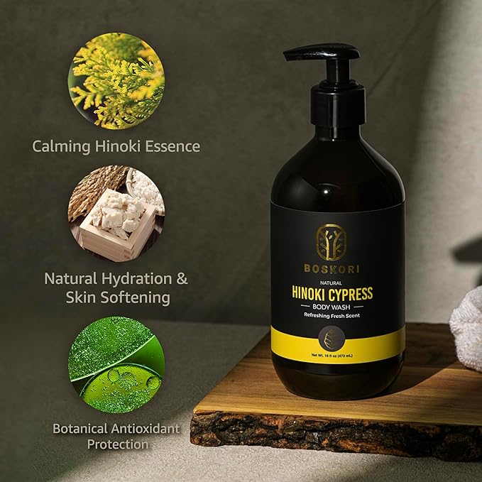 Men’s Hinoki Cypress Body Wash with Pure Hinoki Essential Oil Gentle Non-Drying Cleanser with Japanese Sake &amp Botanicals No Harsh Sulfates No Synthetic Fragrance Made in Taiwan 16 fl oz