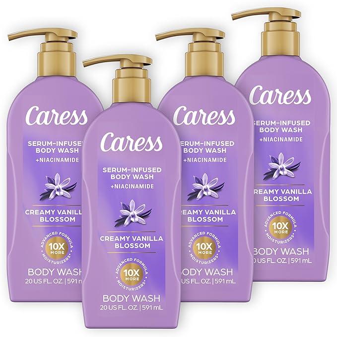 Caress Creamy Vanilla Blossom Moisturizing Body Wash with Pump Serum-Infused Formula with Niacinamide Sweet Musky Long Lasting Fragrance Dermatologist Tested 20 fl oz (4 Pack)