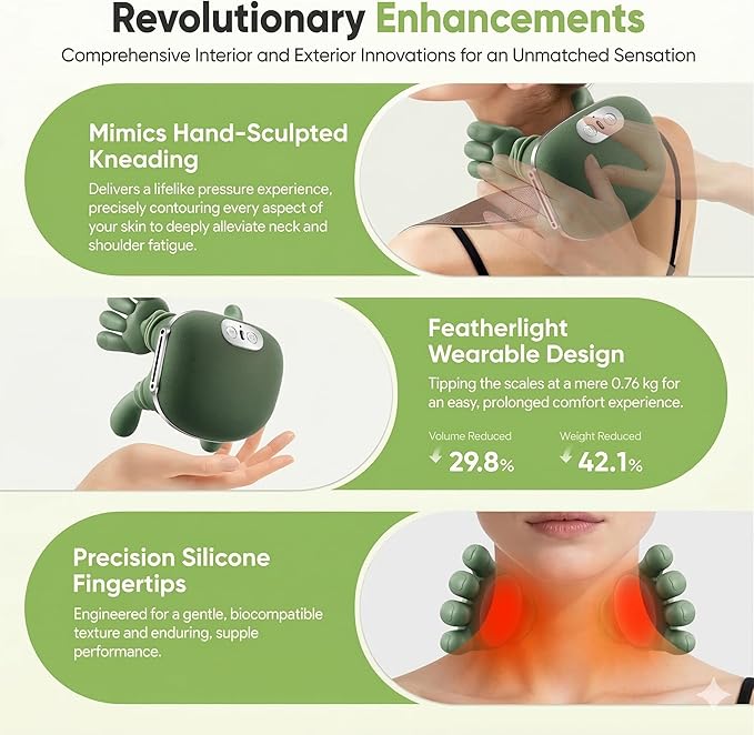 Bionic Neck and Back Massager 2-Level Heated Shiatsu Massager 4D Deep Tissue Kneading MassageSimulated Hand Massage for Pain &amp Muscle Relief (Green)