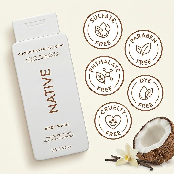 Native Body Wash 2 Pack Coconut Vanilla Sulfate Free Paraben Free Natural Moisturizing Shower Gel for Women and Men 18 oz Each