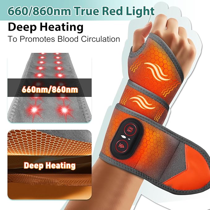 Wrist Heating Pad with Massage Cordless Wrist Hand Heating Pad for Pain Relief Red Light Heated Wrist Wrap with 3000mAh Battery Vibration and Adjustable Heat Settings - Left Right Hand
