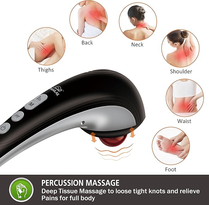 Snailax Cordless Handheld Back Massager - Rechargeable Percussion Massage with Heat Deep Tissue Massager for Whole Body