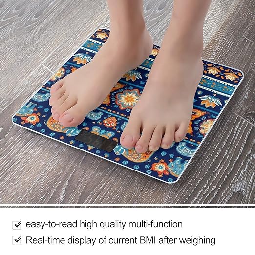 Smart Scale for Body Weight Digital Bathroom Weighing Scale Energy Saving Scale Indian Rug Paisley Ethnic Mandala Elephant