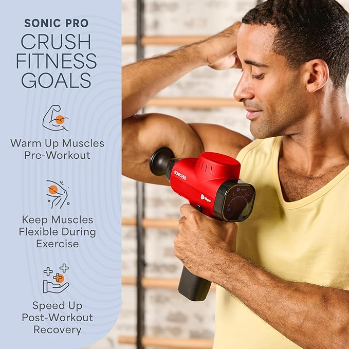 Lifepro Sonic Pro Handheld Electric Massage Gun – Deep Tissue Percussion Massager Gun with 10 Speeds &amp 9 Heads – Muscle Massager for Athletes Back Legs Arms