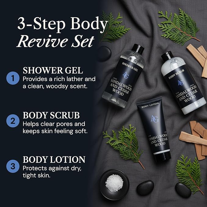 Shower Kit Men Bath and Body Gift Set For Him - Shower Gel Body Scrub &amp Body Cream Sandalwood &amp Cedar Scent 3 pcs 720ml - Skin Care Kit Fathers Day Birthday Idea for Him