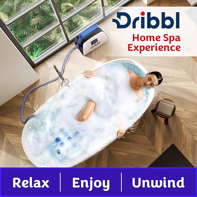 Dribbl Electric Bubble Massage Bathtub Mat – Non-Slip Full-Body Waterproof Hot Tub Spa Mat for Bath with Heater Motorized Air Pump and Remote Control 6-Speed Adjustable Massage Blue