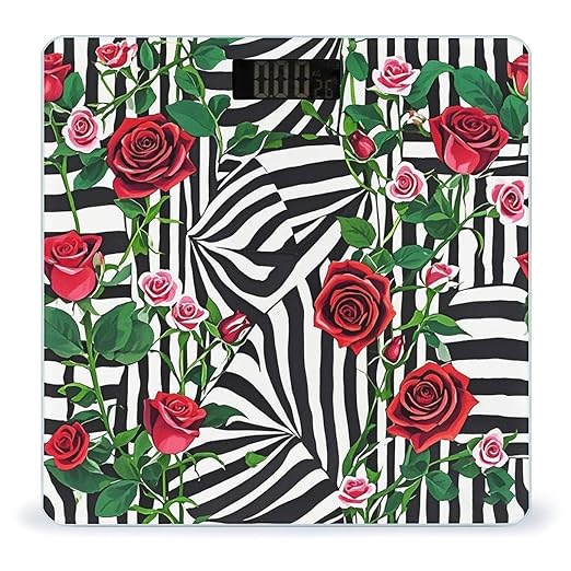 Black White Stripes Red Rose Flowers Scale for Body Weight Smart Scales Digital Bathroom Scale High Precision Weighing Scales with Large Display Weighing Machine for People