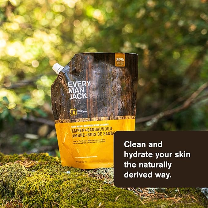 Every Man Jack Amber + Sandalwood Mens Body Wash Refill Starter Pouch - Cleanse Nourish and Hydrate Skin - Naturally Derived Ingredients - Paraben Free Phthalate Free Dye Free - (2-36oz pouches)